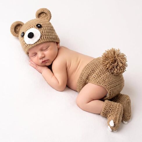 Newborn Photography Prop Boy Outfits Knit Bear Hat & Romper Baby Photoshoot in Saudi Arabia