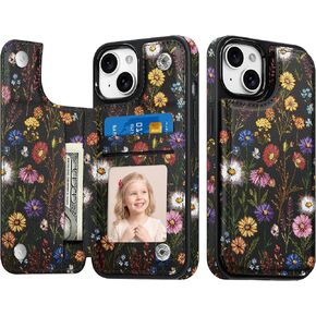 Wallet Case for iPhone 14 with Card Holder, 2 Card Slots, Kickstand, PU Leather Floral Flower Pattern for Women and Girls, RFID Blocking, Shockproof, Butterfly Wildflower Meadow in Saudi Arabia