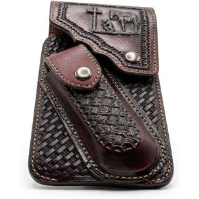 Leather Phone Holster with Knife Sheath - Praying Cowboy Embossed Belt Clip Pouch - Basketweave Pattern (Light Coffee) in Saudi Arabia