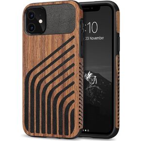 TENDLIN Compatible with iPhone 11 Case Wood Grain with Carbon Fiber Texture Design Leather Hybrid Case Black in Saudi Arabia
