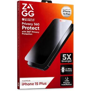 ZAGG Elite Privacy 360 Glass Screen Protector for iPhone 16 Plus/iPhone 15 Plus - 5X Ultra Strong Tempered Glass, 4-Way Privacy, Scratch Protection, Anti-Smudge, Easy to Install, InvisibleShield in Kuwait