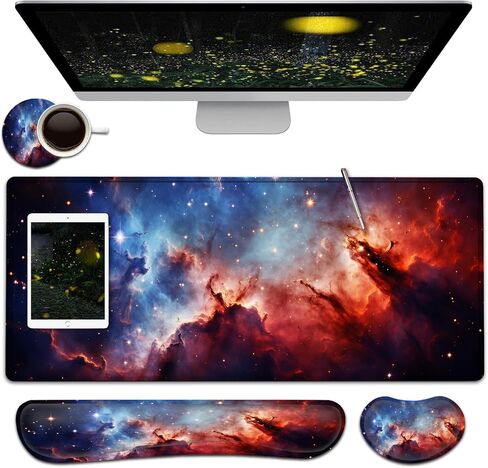 Large Mouse Pad + Keyboard Wrist Rest Set, Extended Gaming Mousepad (31.5X11.8 inch) with Non-Slip Rubber, Ergonomics Memory Foam Mouse Wrist Rest Support, Fire and Ice Wolf Pattern XXL Desk Pad in Kuwait