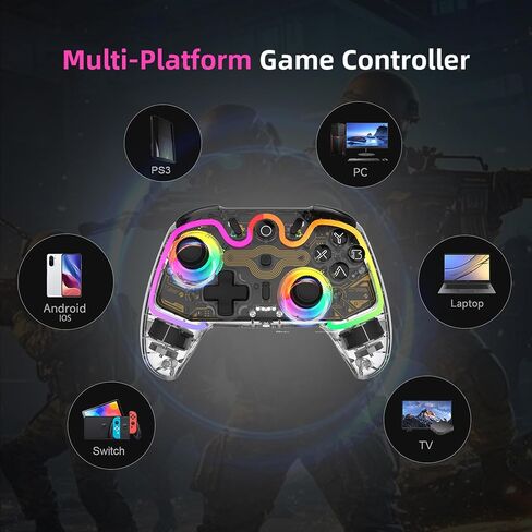 ASRVA Wireless Hall Effect Controller, Bluetooth/2.4G/Wired 3 Modes, RGB Transparent Gamepad with Trigger Lock, 6-Axis Gyro, Compatible with Switch/PC/Mac/PS3/Steam Deck/iOS/Android in Kuwait
