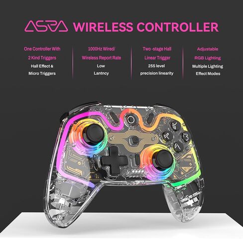 ASRVA Wireless Hall Effect Controller, Bluetooth/2.4G/Wired 3 Modes, RGB Transparent Gamepad with Trigger Lock, 6-Axis Gyro, Compatible with Switch/PC/Mac/PS3/Steam Deck/iOS/Android in Kuwait
