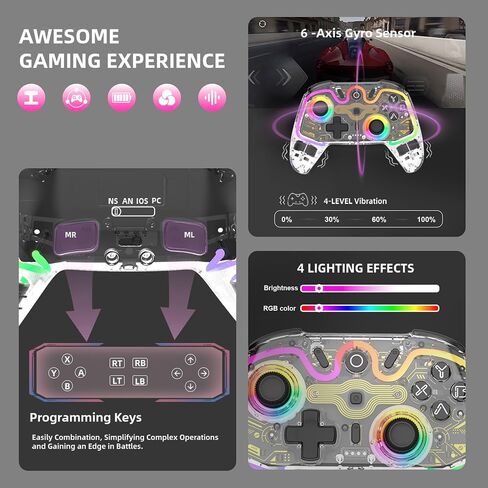 ASRVA Wireless Hall Effect Controller, Bluetooth/2.4G/Wired 3 Modes, RGB Transparent Gamepad with Trigger Lock, 6-Axis Gyro, Compatible with Switch/PC/Mac/PS3/Steam Deck/iOS/Android in Kuwait