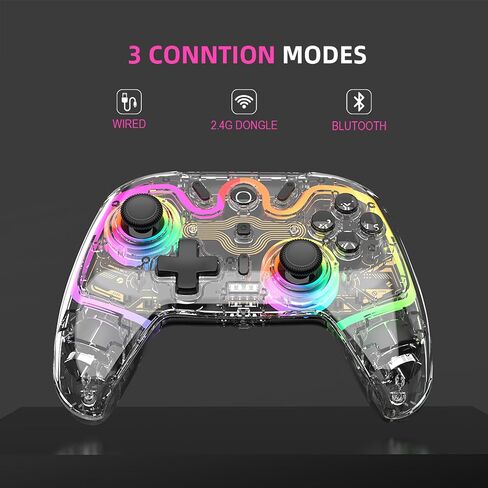 ASRVA Wireless Hall Effect Controller, Bluetooth/2.4G/Wired 3 Modes, RGB Transparent Gamepad with Trigger Lock, 6-Axis Gyro, Compatible with Switch/PC/Mac/PS3/Steam Deck/iOS/Android in Kuwait