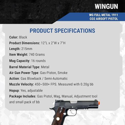 500 fps new full metal wg airsoft m 1911 gas co2 hand gun pistol w/ 6mm bb bbs(Airsoft Gun) in Kuwait