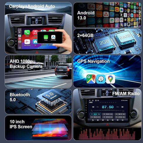 64GB Car Radio Stereo for 2008-2013 Toyota Highlander Radio Upgrade, 10.2 Inch Plug and Play Android 13 Head Unit with Wireless CarPlay/Android Auto/1080P Rear View Camera/AM FM Radio in Kuwait