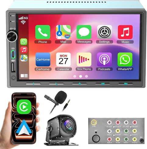Double Din Car Stereo with Wireless Carplay & Android Auto - 7 Inch HD Touchscreen Bluetooth 5.3 Car Radio, 12 Back Ports 4.2 Channel Pre-Out, 30-Band EQ, SWC, Reverse Camera, Mirror Link in Kuwait