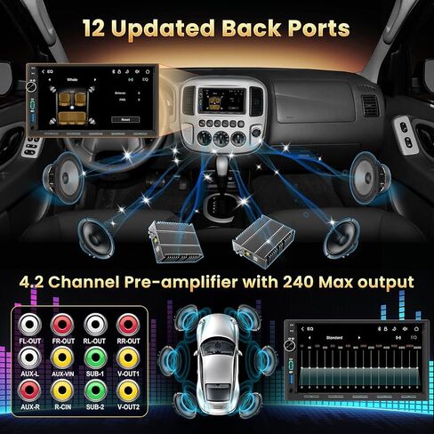 Double Din Car Stereo with Wireless Carplay & Android Auto - 7 Inch HD Touchscreen Bluetooth 5.3 Car Radio, 12 Back Ports 4.2 Channel Pre-Out, 30-Band EQ, SWC, Reverse Camera, Mirror Link in Kuwait