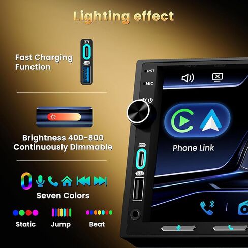 Double Din Car Stereo with Wireless Carplay & Android Auto - 7 Inch HD Touchscreen Bluetooth 5.3 Car Radio, 12 Back Ports 4.2 Channel Pre-Out, 30-Band EQ, SWC, Reverse Camera, Mirror Link in Kuwait