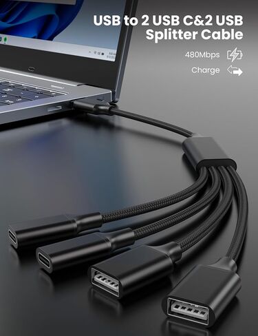USB Splitter Cable 1 in 4 Out, 2 USB A & 2 USB C Multiport Extender Hub 1FT in Kuwait