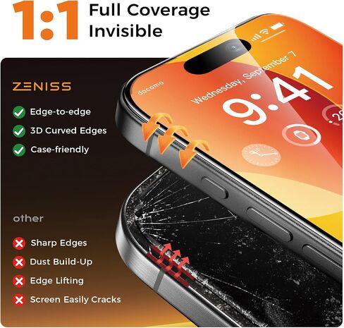Zeniss NeverBreak 9H+ Hardness for iPhone 15 Screen Protector 12FT Military Grade Protection (Scratch, Shatter, Drop Resistance) Tempered Glass 6.1", 2 Pack with De-Bubble Card, Clear in Kuwait