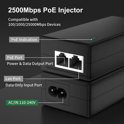 2.5Gb PoE+ Injector Adapter 30W 48~55V, IEEE 802.3at/af Compliant, Converts Non-PoE to PoE Network, 100/1000/2500Mbps RJ45, Up to 328 ft, Plug & Play in Kuwait