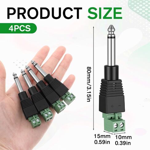 4 Pack 1/4 Jack, 6.35mm Speaker Wire Connector Audio Jack TS Male Mono 1/4 Inch Phone Plug for Speaker Cable, Guitar Cables, Microphone Cable (Green Welding Free) in Kuwait