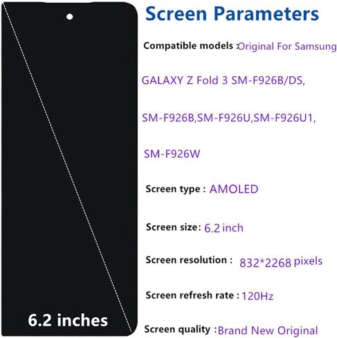 6.2" Original AMOLED for Samsung Galaxy Z Fold 3 SM-F926U SM-F926U1 SM-F926B SM-F926W Outer Small Front Screen Replacement Z Fold3 5G Display Touch Screen Assembly (with Black Back Cover + Tools) in Kuwait
