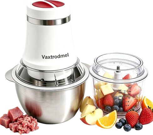 Electric Food Processor with 2 Bowl (1.2L+1L), Food Chopper 200W, 2 Speed Control, Dual-Layer Blades, Milk Frother Disc, Overheat Protection, Safety Lock, Fast Chopping Meat/Veggie/Cheese/Galic/Milk in Kuwait