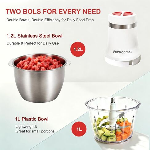 Electric Food Processor with 2 Bowl (1.2L+1L), Food Chopper 200W, 2 Speed Control, Dual-Layer Blades, Milk Frother Disc, Overheat Protection, Safety Lock, Fast Chopping Meat/Veggie/Cheese/Galic/Milk in Kuwait