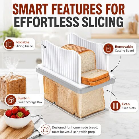 Bread Slicer for Homemade Bread, Foldable Manual Bread Slicer with Crumb Tray & Adjustable Slicing Guide, Professional Free Bread Cutter for Sourdough, Sandwich Bread, & Cakes, Compact Kitchen in Kuwait