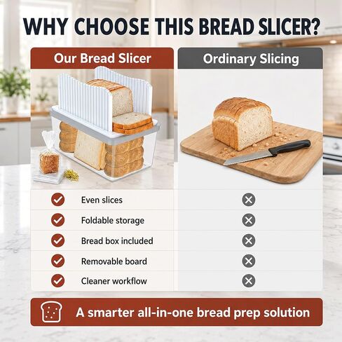 Bread Slicer for Homemade Bread, Foldable Manual Bread Slicer with Crumb Tray & Adjustable Slicing Guide, Professional Free Bread Cutter for Sourdough, Sandwich Bread, & Cakes, Compact Kitchen in Kuwait