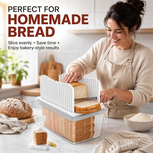 Bread Slicer for Homemade Bread, Foldable Manual Bread Slicer with Crumb Tray & Adjustable Slicing Guide, Professional Free Bread Cutter for Sourdough, Sandwich Bread, & Cakes, Compact Kitchen in Kuwait
