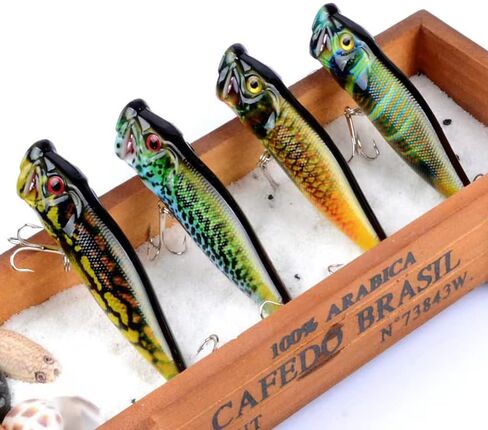 4 Pack Topwater Popper Fishing Lure, Realistic Popper Bait with 3D Painted Design,Hard Lure for Bass,Trout,Pike in Freshwater Saltwater 050 in Kuwait