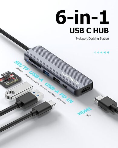 6-in-1 USB C Hub, 4K HDMI, USB 3.0, PD 100W, SD/TF Card Reader, Docking Station for MacBook Pro, MacBook Air, Laptops in Kuwait