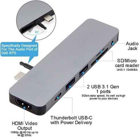 HyperDrive USB-C Hub Adapter, Sanho Solo 7-in-1 Type C Dongle for MacBook Pro, PC w USB-C Port: USBC 60W Power Delivery, USBC 5Gbps Data, 4K HDMI, microSD/SD Card Reader, 2xUSB 3.0, Audio Jack - Grey in Kuwait