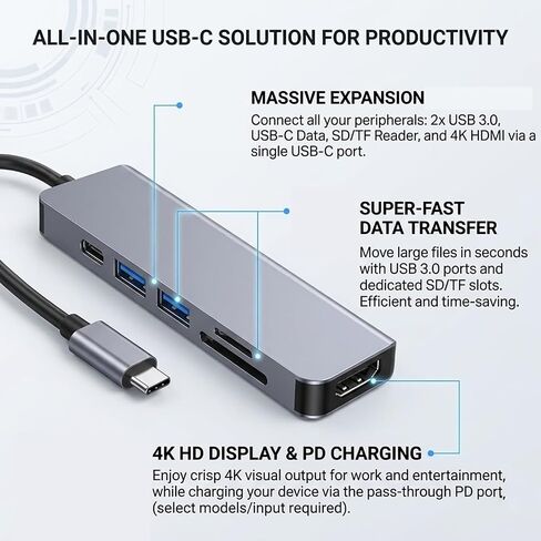 1PC 6-in-1 USB C Hub, Aluminum Multiport Adapter with 4K HDMI, 3 USB 3.0 & SD/TF Card Reader for Laptop in Kuwait