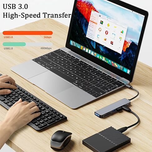 1PC 6-in-1 USB C Hub, Aluminum Multiport Adapter with 4K HDMI, 3 USB 3.0 & SD/TF Card Reader for Laptop in Kuwait