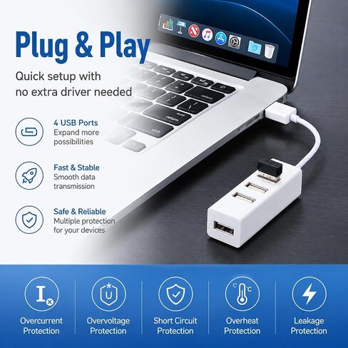 4-Port USB Hub, Compact USB-A Splitter for Laptop PC Keyboard Mouse Flash Drive Printer, Computer Port Expander for Home Office Travel Desk Accessories in Kuwait