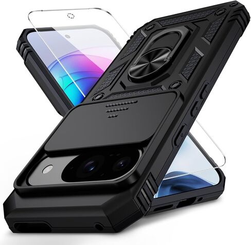 Vinve for Google Pixel 9 Case, Pixel 9 Pro Case, Slide Lens Cover, HD Screen Protector, Military Grade Drop Protection, Magnetic Rotated Ring Holder Kickstand Protective Phone Case (Black) in Kuwait