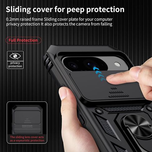 Vinve for Google Pixel 9 Case, Pixel 9 Pro Case, Slide Lens Cover, HD Screen Protector, Military Grade Drop Protection, Magnetic Rotated Ring Holder Kickstand Protective Phone Case (Black) in Kuwait