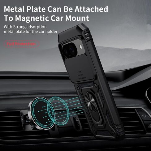 Vinve for Google Pixel 9 Case, Pixel 9 Pro Case, Slide Lens Cover, HD Screen Protector, Military Grade Drop Protection, Magnetic Rotated Ring Holder Kickstand Protective Phone Case (Black) in Kuwait