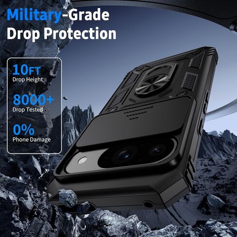 Vinve for Google Pixel 9 Case, Pixel 9 Pro Case, Slide Lens Cover, HD Screen Protector, Military Grade Drop Protection, Magnetic Rotated Ring Holder Kickstand Protective Phone Case (Black) in Kuwait