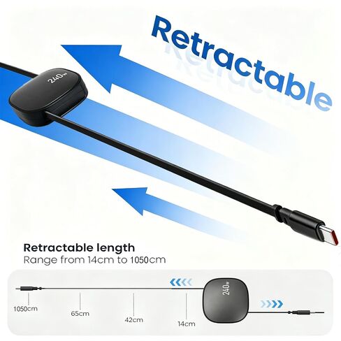 240w USB c Charge Cable Retractable, 3.3FT Type C Cord USB C Charger Cable for iPhone 17/16/15, MacBook Pro/Air, Galaxy S25/S24/S23, iPad Pro/Air, Pixel 9/8, Switch, AirPods, Black. in Kuwait