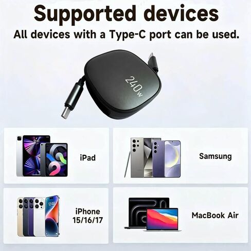 240w USB c Charge Cable Retractable, 3.3FT Type C Cord USB C Charger Cable for iPhone 17/16/15, MacBook Pro/Air, Galaxy S25/S24/S23, iPad Pro/Air, Pixel 9/8, Switch, AirPods, Black. in Kuwait