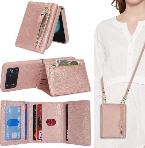 for Samsung Galaxy Flip 5 Wallet Case with Card Holder,Z Flip 5 Case with Strap Crossbody Lanyard,Galaxy Z Flip 5 Case Cute for Women Men,PU Leather Shockproof Zipper Stand Phone Case-Black in Kuwait