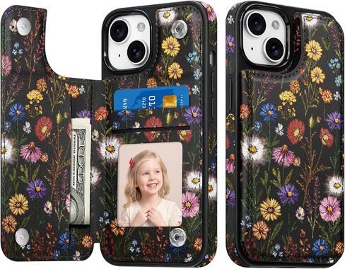 Wallet Case for iPhone 14 with Card Holder, 2 Card Slots, Kickstand, PU Leather Floral Flower Pattern for Women and Girls, RFID Blocking, Shockproof, Butterfly Wildflower Meadow in Kuwait