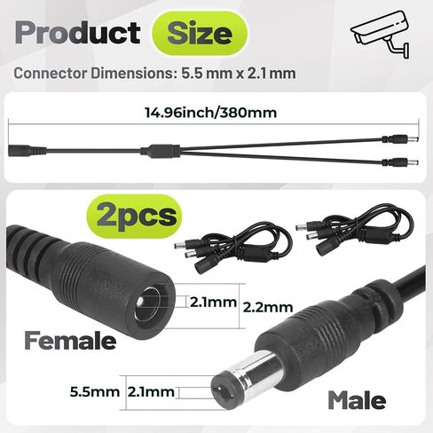 2 Pcs 1 to 2 Way DC Power Splitter Cable, 5.5mm x 2.1mm Power Splitter in Kuwait