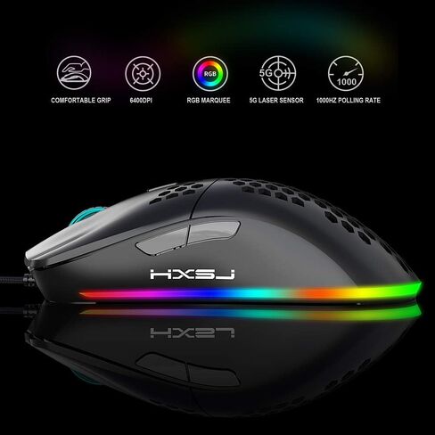 HXSJ J900 Gaming Mouse, Lightweight Honeycomb Wired Mouse with 6-Level Adjustable DPI & RGB Breathing Light for Desktop Laptop (Black) in Kuwait