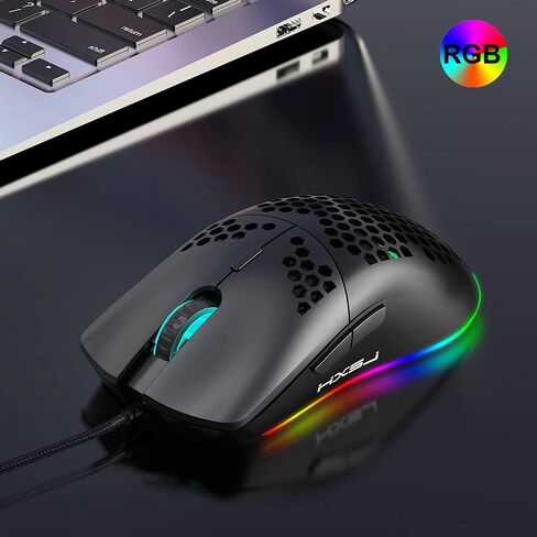 HXSJ J900 Gaming Mouse, Lightweight Honeycomb Wired Mouse with 6-Level Adjustable DPI & RGB Breathing Light for Desktop Laptop (Black) in Kuwait