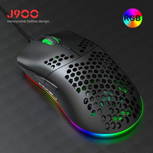 HXSJ J900 Gaming Mouse, Lightweight Honeycomb Wired Mouse with 6-Level Adjustable DPI & RGB Breathing Light for Desktop Laptop (Black) in Kuwait