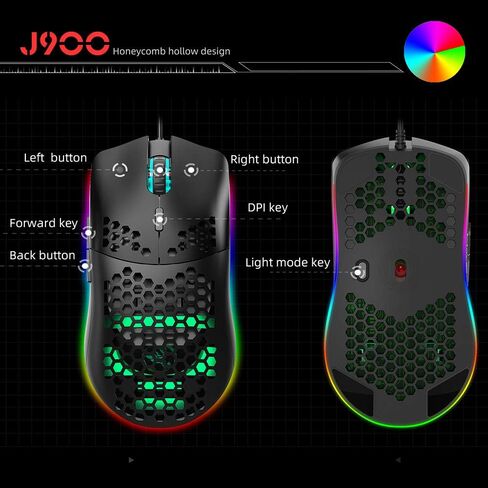 HXSJ J900 Gaming Mouse, Lightweight Honeycomb Wired Mouse with 6-Level Adjustable DPI & RGB Breathing Light for Desktop Laptop (Black) in Kuwait