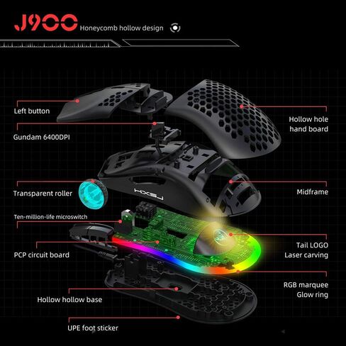 HXSJ J900 Gaming Mouse, Lightweight Honeycomb Wired Mouse with 6-Level Adjustable DPI & RGB Breathing Light for Desktop Laptop (Black) in Kuwait