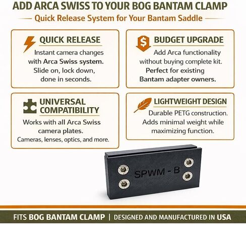 Arca Swiss Plate for BOG Bantam Clamp - Camera Quick Release Adapter - Budget Upgrade Add Arca to Existing Setup - Includes Hardware - Designed and Manufactured in USA in Kuwait