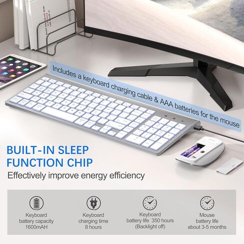 Wireless Backlit Keyboard and Mouse Ultra Slim Combo, TopMate -Silver White in Kuwait