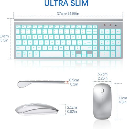 Wireless Backlit Keyboard and Mouse Ultra Slim Combo, TopMate -Silver White in Kuwait