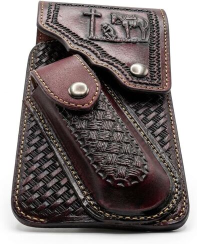 Leather Phone Holster with Knife Sheath - Praying Cowboy Embossed Belt Clip Pouch - Basketweave Pattern (Light Coffee) in Kuwait