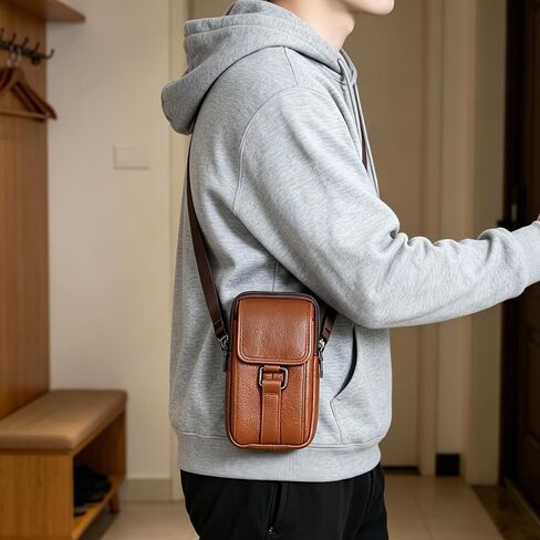 Textured Faux Leather Multi Slot Phone Waist Bag Adjustable Strap Crossbody in Kuwait